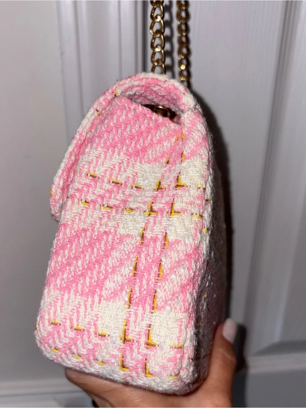 Pink and white tweed mini two Way Crossbody handbag